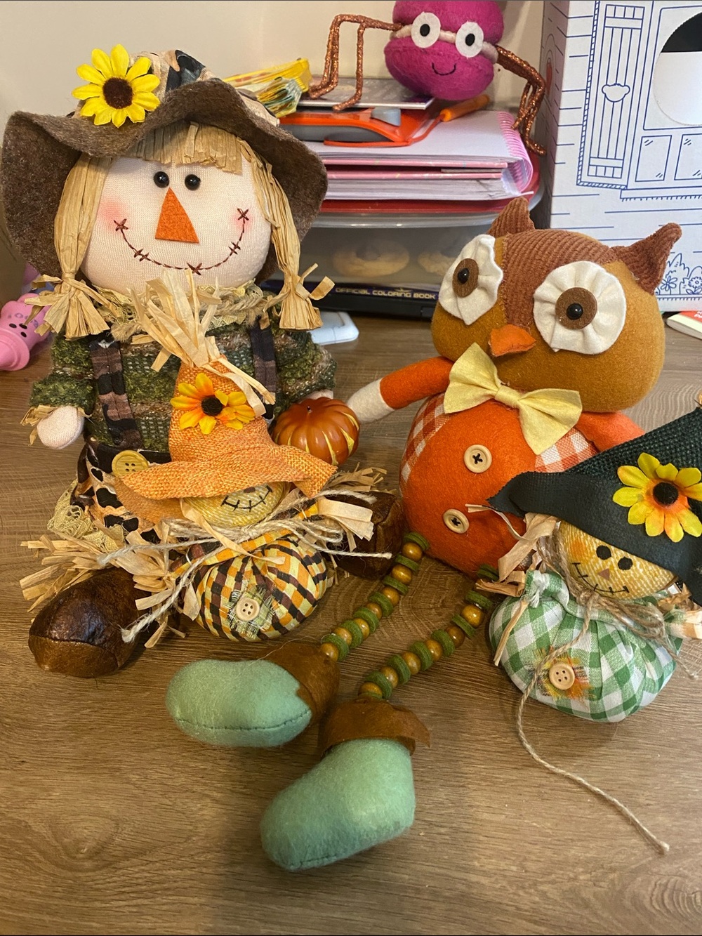 Autumn Harvest Plush Owl and Scarecrow Table Decor - Orange, Green, Brown